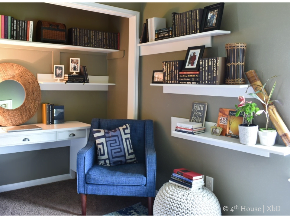 Interior designers solve problems like finding the space for an office & library in an unused closet